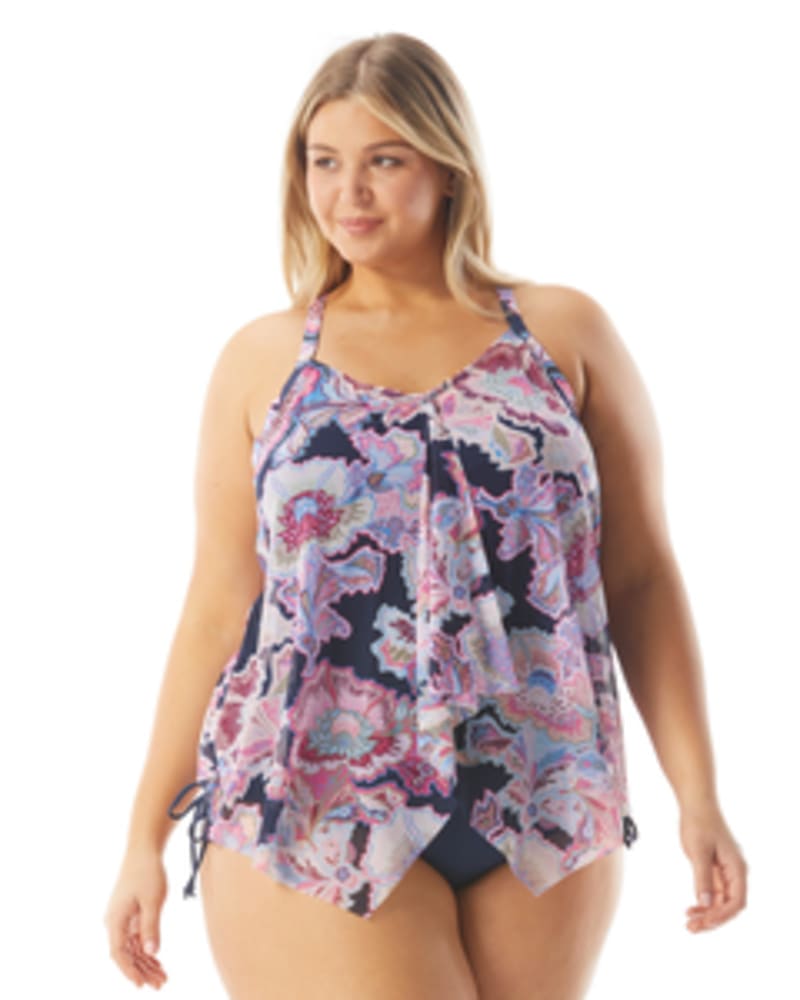 Front of a model wearing a size 16W Kerry Mesh Layered Tankini Top in ADMIRAL by Beach House Woman. | dia_product_style_image_id:269182